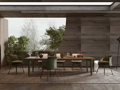 Modern Restaurant Interior Design With Long Dining Table Green Chairs And Plants Near Large Windows 3d model