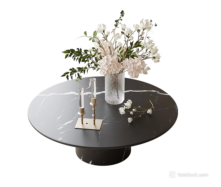 Round Marble Top Coffee Table With Clear Vase White Pink Flowers Gold Candle Holders White Candles 3d model 