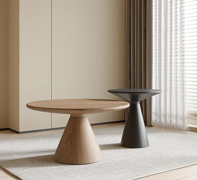 Modern Wooden And Black Conical Base Coffee Tables In Light Living Room With Carpet 3d model