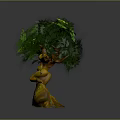 Decorative Tree with Curved Trunk and Green Leaves Yellow Leaf Accents Against Blue Circular Background