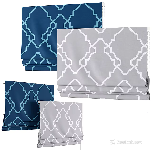 Modern Curtains With Blue And Gray Geometric Patterns For Home Interior Decor 3d model