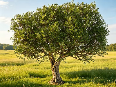 Lush Green Tree With Thick Trunk Growing In Open Grassland Under Blue Sky 3d model