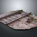 Detailed Railway Track Model Scene With Wooden Sleepers Gravel Mechanical Device And Weeds