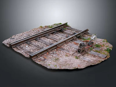 Detailed Railway Track Model Scene With Wooden Sleepers Gravel Mechanical Device And Weeds 3d model