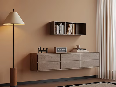 Cozy Living Room Corner With Floor Lamp Wall Mounted Bookshelf Wooden Cabinet Clock And Curtains 3d model