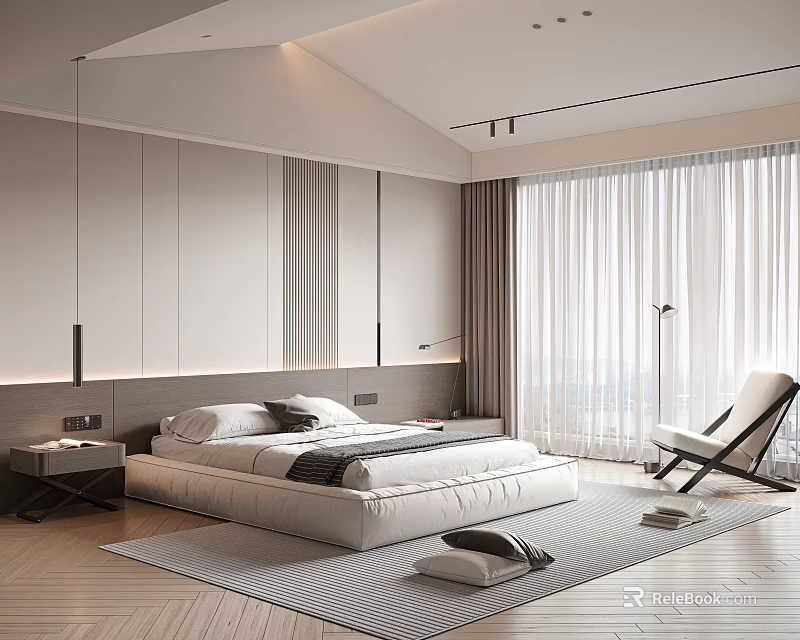Modern Minimalist Bedroom Interior With Platform Bed Nightstand Accent Chair And Floor To Ceiling Curtains 3d model 