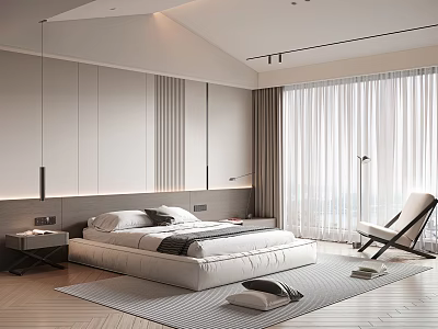 Modern Minimalist Bedroom Interior With Platform Bed Nightstand Accent Chair And Floor To Ceiling Curtains 3d model