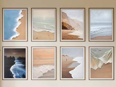 Abstract Beach Paintings Showcasing Waves Sand and Blue Beige Brown Tones on Wall 3d model