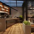 Modern Café Interior With Glass Roof Wooden Flooring Green Plants And Counter