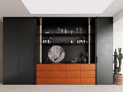 Modern Wine Cabinet Design Featuring Black Frame Brown Drawers Wine Bottles Glassware And Decorative Artwork 3d model