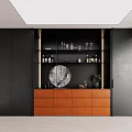 Modern Wine Cabinet Design Featuring Black Frame Brown Drawers Wine Bottles Glassware And Decorative Artwork