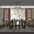 Chinese Style Restaurant Interior With Long Dining Table Chairs Bookshelves Pendant Lights And Landscape Painting