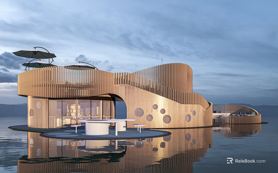 Modern Wooden Station Featuring Wavy Exterior Circular Holes Water Reflection And Waterfront Terrace 3d model 