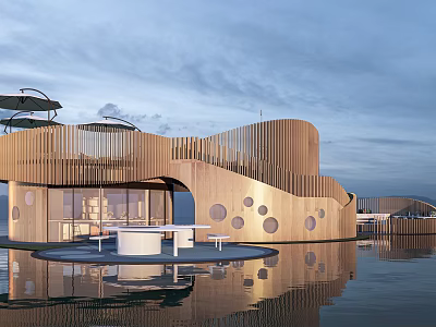 Modern Wooden Station Featuring Wavy Exterior Circular Holes Water Reflection And Waterfront Terrace 3d model