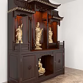 Traditional Wooden Buddhist Altar Cabinet With Golden Buddha Statues And Classic Roof Design