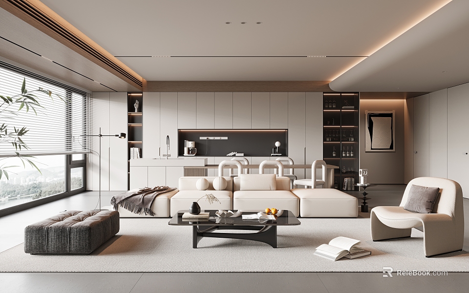 Modern Open Living Dining Space With Cozy Furniture And Large Windows 3d model 