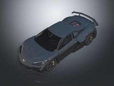 Gray Sleek Sports Car With Streamlined Design Rear Spoiler And Yellow Wheels 3d model