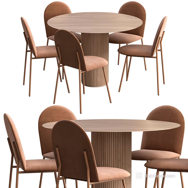 Modern Round Dining Table Set With Wooden Base And Brown Upholstered Chairs 3d model 