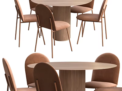 Modern Round Dining Table Set With Wooden Base And Brown Upholstered Chairs 3d model