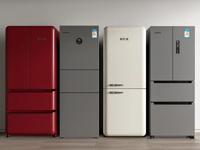 Various Colored Multi Door Refrigerators Arranged Side by Side in Kitchen 3d model