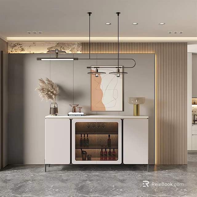 Modern White Sideboard with Glass Door Wine Storage and Hanging Lights in Contemporary Interior 3d model 
