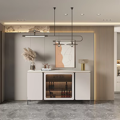 Modern White Sideboard with Glass Door Wine Storage and Hanging Lights in Contemporary Interior 3d model