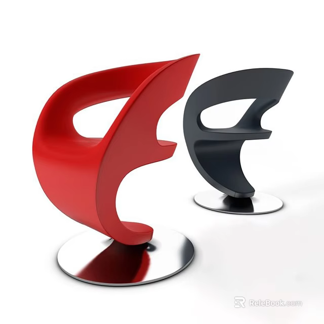 Modern Single Chair With Red And Black Color Unique Curved Shape And Metal Base 3d model 