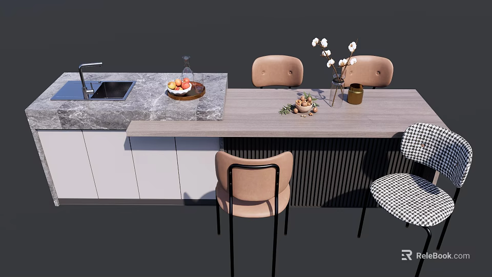 Modern Dining Table Set With Chairs Fruit Platter Flower Vase And Cabinets 3d model