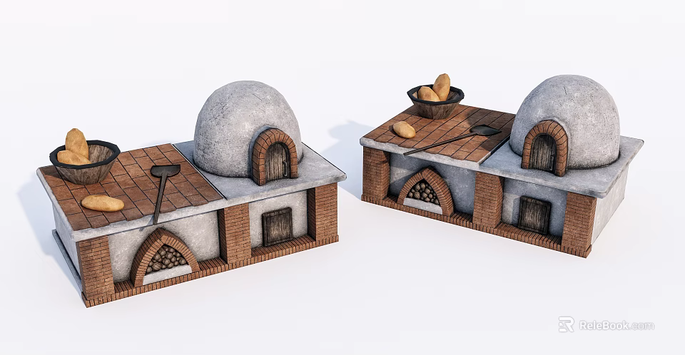 Traditional Kitchen Cabinets With Dome Roof Brick Details And Bread Bowls 3d model 