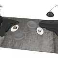 Modern Curved Black Sofa And Coffee Table Set With Gray Rug Floor Lamp And Plant