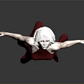 Woman With White Hair Wearing Red High Slit Long Dress On Black Floor Gray Background