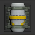 Futuristic Cylindrical Sci Fi Mechanical Device With Green Frame Yellow Ring Gray Base And Vent Grilles