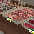 Fresh Meat Display On Wooden Countertop With Metal Trays Price Tags Chicken Pork Cuts