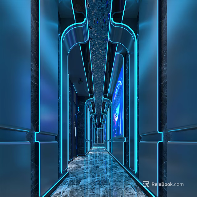 Modern KTV Corridor Interior With Neon Blue Lighting And Sleek Glowing Design 3d model 