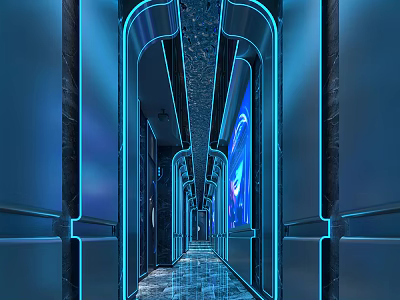 Modern KTV Corridor Interior With Neon Blue Lighting And Sleek Glowing Design 3d model