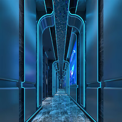Modern KTV Corridor Interior With Neon Blue Lighting And Sleek Glowing Design 3d model