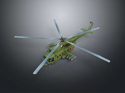 Detailed Military Green Helicopter With Four Rotor Blades And Equipment 3d model