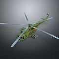 Detailed Military Green Helicopter With Four Rotor Blades And Equipment