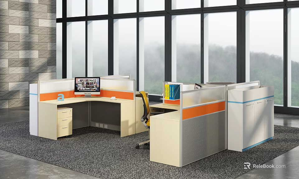 Modern Office Cubicles With Orange Trim Desks Computers And Large Windows 3d model