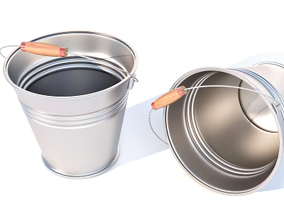 Silver Metal Buckets With Wooden Handles One Upright and One Upside Down 3d model