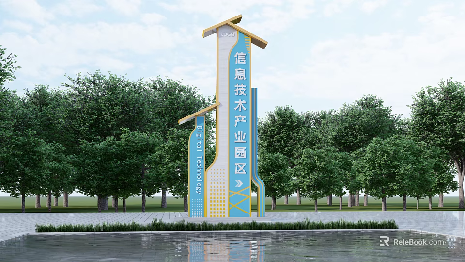Tall Information Technology Industrial Park Billboard Surrounded by Green Trees and Water Area 3d model 