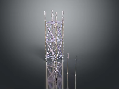 Metal Tower Structure with Framework Design and Antenna Rods on Reflective Base 3d model