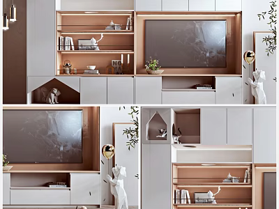 Modern TV Wall Unit Design With White Cabinets Wooden Shelves And Decorative Plants 3d model