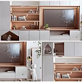 Modern TV Wall Unit Design With White Cabinets Wooden Shelves And Decorative Plants
