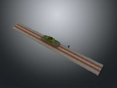 Green Tank On Straight Railway Track With Small Figure Standing Nearby 3d model