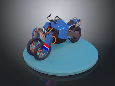 Modern Blue Motorcycle 3D Model With Orange Accents On Circular Display Stand 3d model