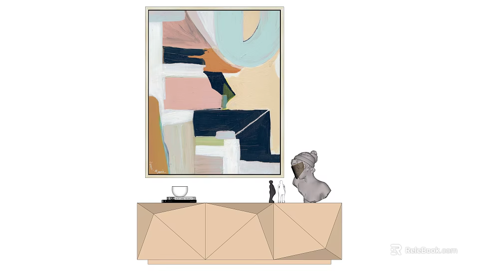 Abstract Painting Above Geometric Cabinet With Dog Figurine And Vase 3d model 