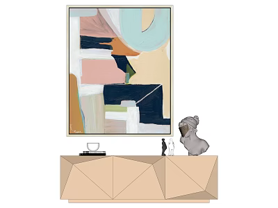 Abstract Painting Above Geometric Cabinet With Dog Figurine And Vase 3d model