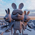 Rabbit Dolls Wearing Blue Glowing Goggles Green Outfits With Backpacks Holding Weapons In City Background