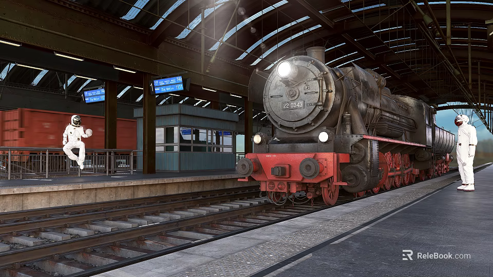 Vintage Steam Train At Station Platform With Arched Roof And Astronaut Sculpture 3d model 